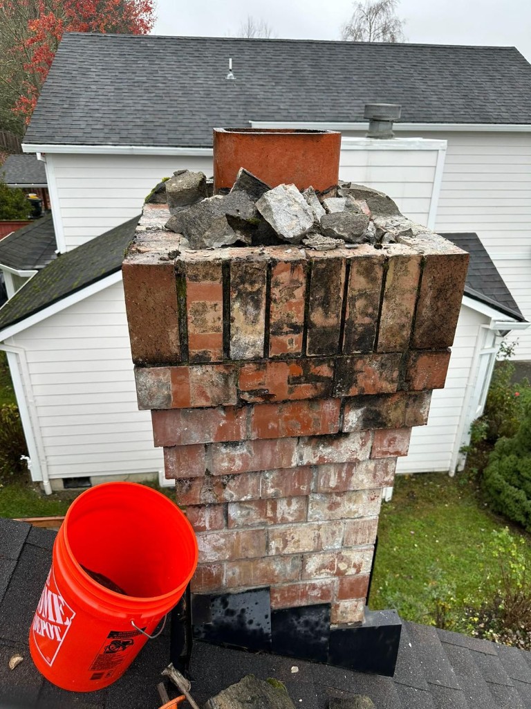 Before: damaged chimney crown needing rebuild in Portland, Oregon